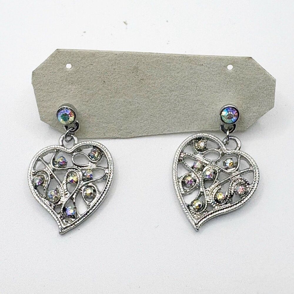 Women's Fashion Jewelry Earrings Hearts Sparkling Borealis Crystals Silver Tone